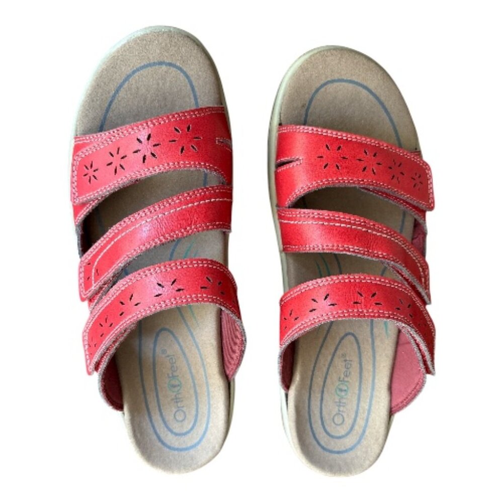 ORTHOFEET SAHARA SANDALS RED NWOT SIZE 8.5 SNAZZY AND COMFORTABLE 3-STRAP SLIDES